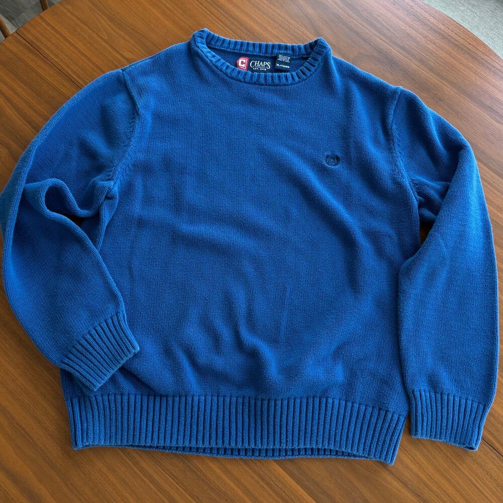 Vintage CHAPS Mens Crewneck Sweater XL Blue Y2K Cotton Knit Pullover Long Sleeve